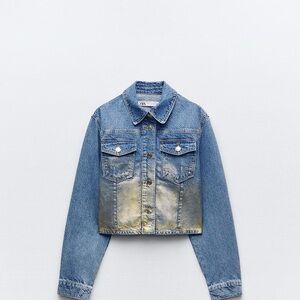 Zara Women's Blue Denim Jacket with Gold Highlights